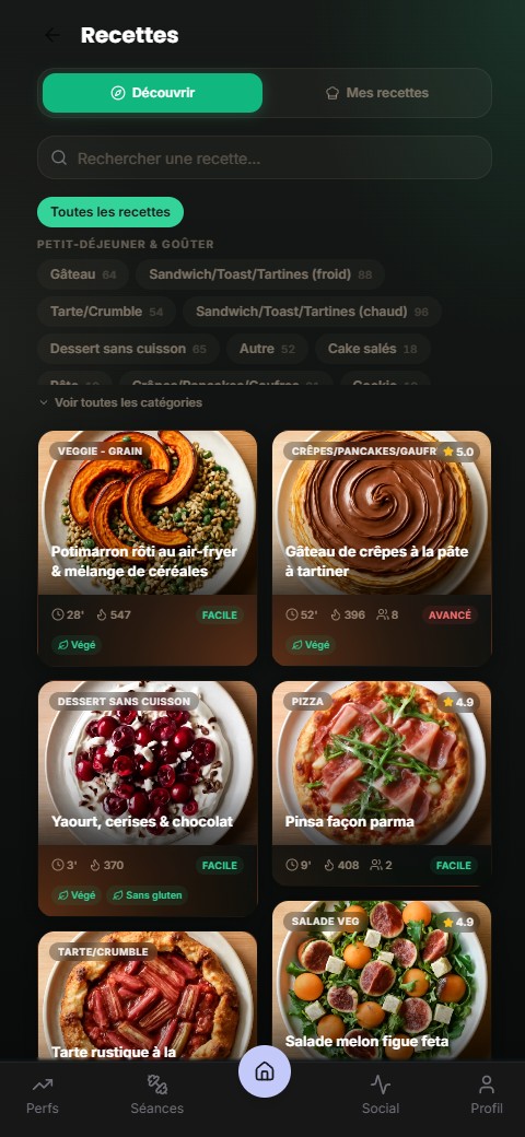 Bibliothèque de recettes Kairos en thème sombre avec photos, calories et macros